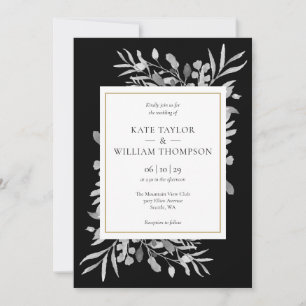 Black And White Foliage Gold Wedding Invitation