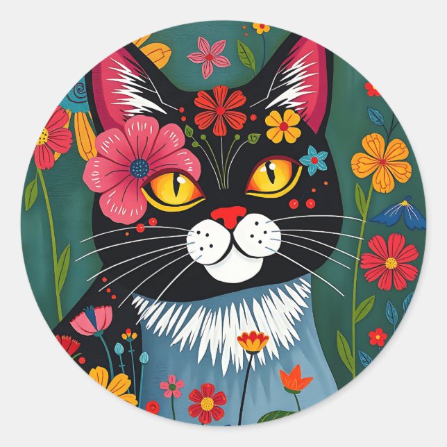 Black and White Folk Art Cat and Flowers Whimsical Classic Round Sticker (Front)