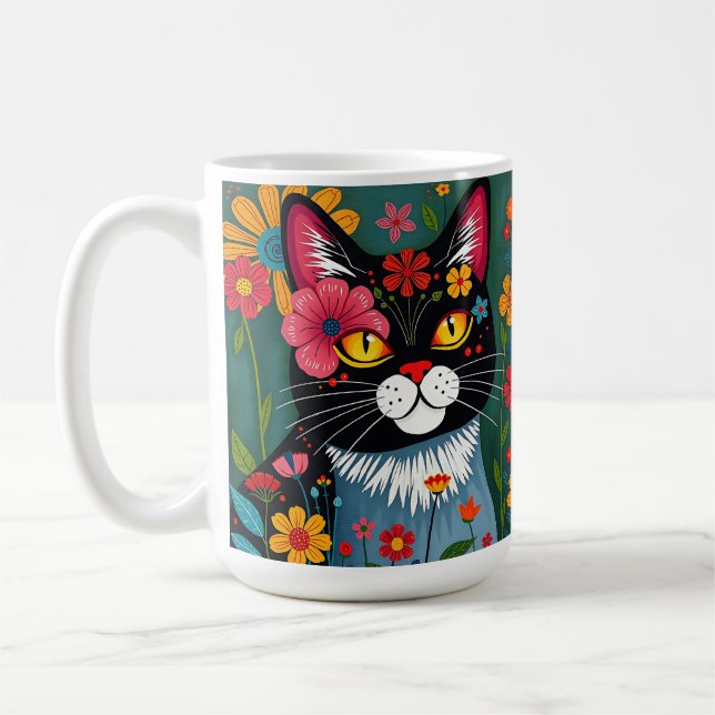 Black and White Folk Art Cat and Flowers Whimsical Coffee Mug (Left)