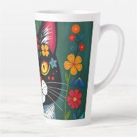 Black and White Folk Art Cat and Flowers Whimsical