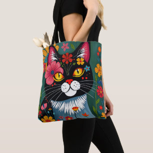 Black and White Folk Art Cat and Flowers Whimsical Tote Bag