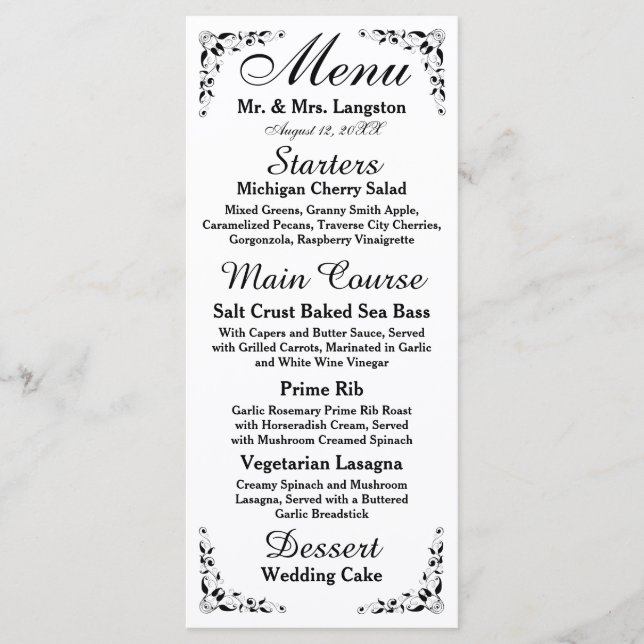 Black and White Formal Reception Menu (Front)