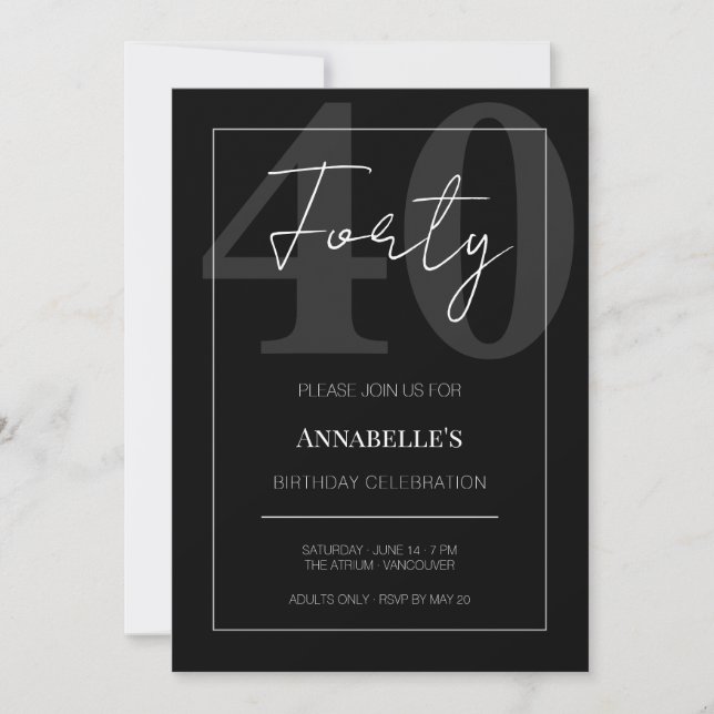 Black and White Forty 40th Birthday Celebration  Invitation (Front)