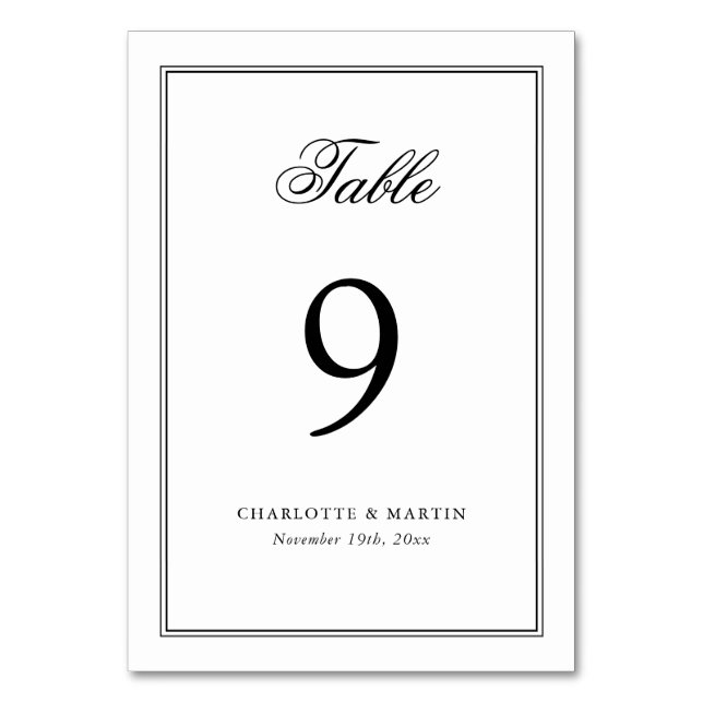 Black and White Frame Script Wedding Table Number (Front)