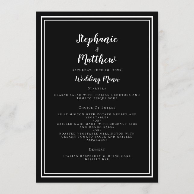 Black and White Framed Wedding Reception Dinner  Menu (Front)