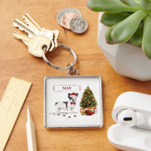 Black and White French Bulldog Christmas Dog Key Ring