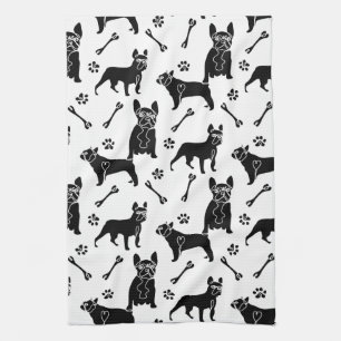 Black and White French Bulldogs kitchen Tea Towel