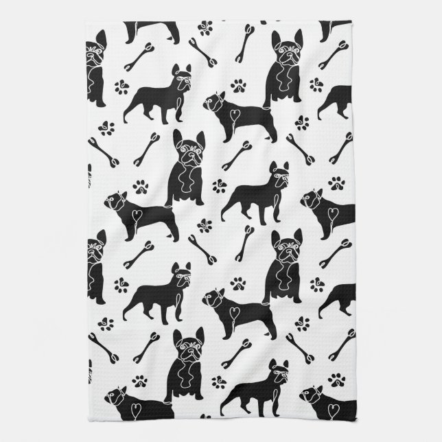 Black and White French Bulldogs kitchen Tea Towel (Vertical)