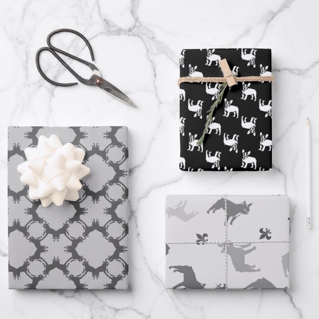 Black and White French Bulldogs  Wrapping Paper Sheet (Front)