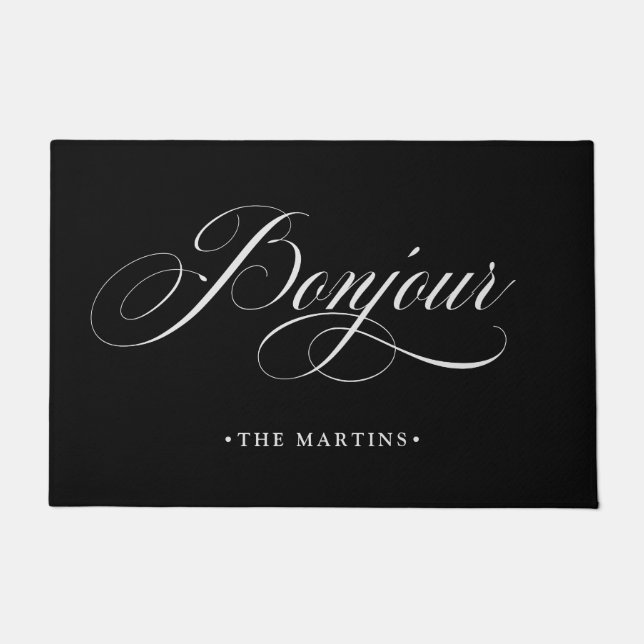 Black and White French Script | Bonjour Doormat (Front)