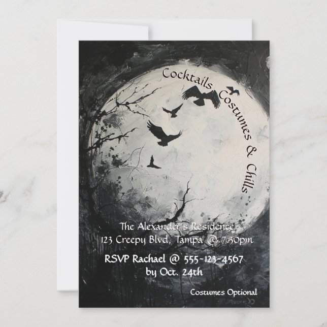 Black and White Full Moon Halloween  Invitation (Front)