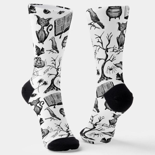 Black and White Fun Spooky Halloween  Socks (Angled)