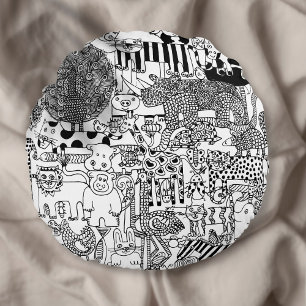 Black and White Fun Wild Animals Art Round Cushion