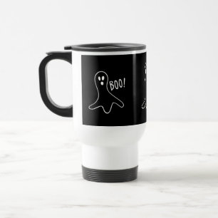 black and white funny ghost design for halloween travel mug