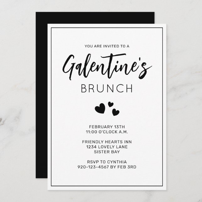 Black and White Galentine's Day Brunch Invitation (Front/Back)