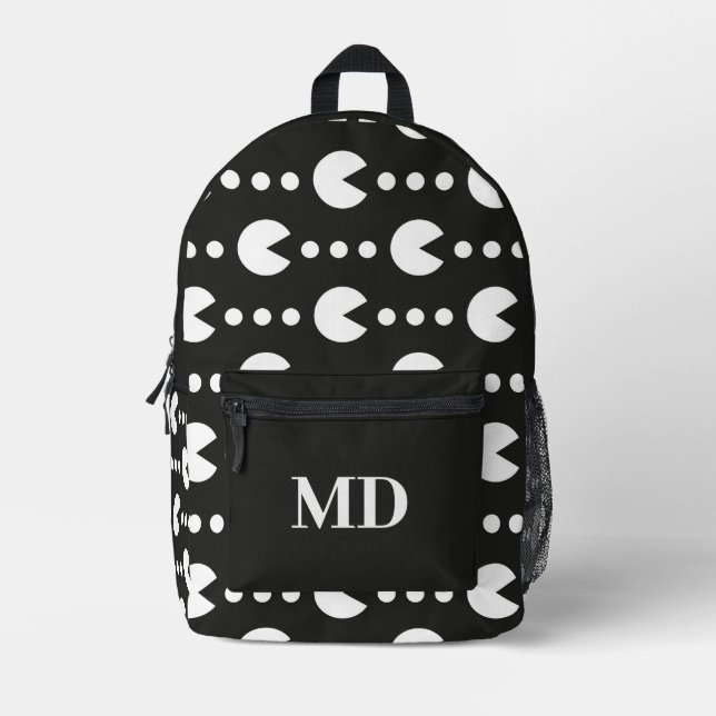 Black and White Gamer Pattern Monogram Printed Backpack (Front)