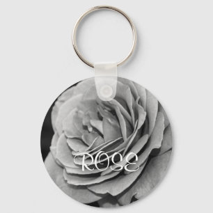 Black and White Garden Rose Name Keychain