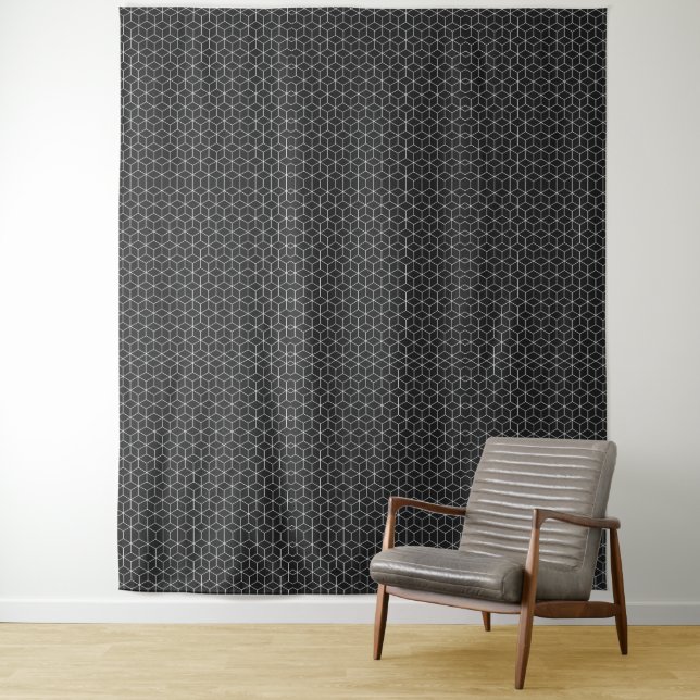  Black and White Geometric Cube Pattern Tapestry (In Situ)