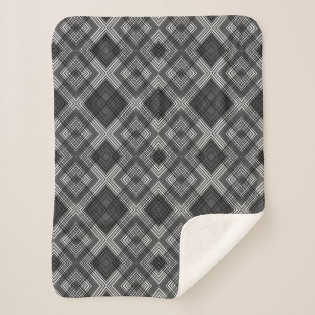 Black and white geometric diamond pattern sherpa blanket (Front)