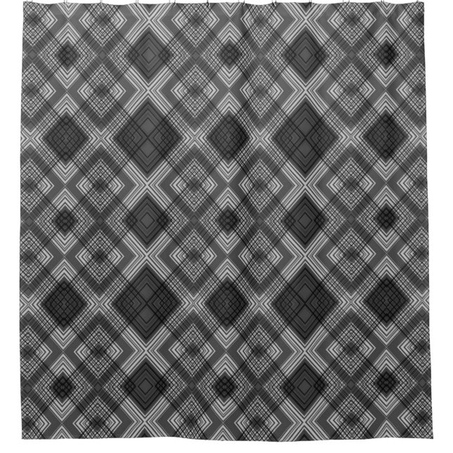 Black and white geometric diamond pattern shower curtain (Front)