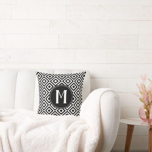 Black and White Geometric Diamonds with Monogram Cushion (Couch)