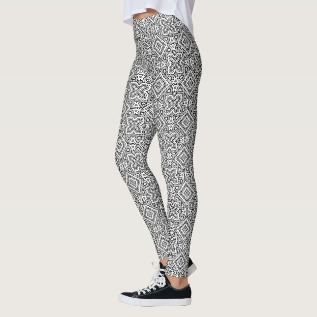  black and white geometric ethnic pattern ornament leggings (Left)