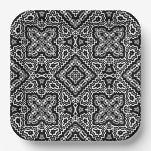 black and white geometric ethnic pattern ornament paper plate