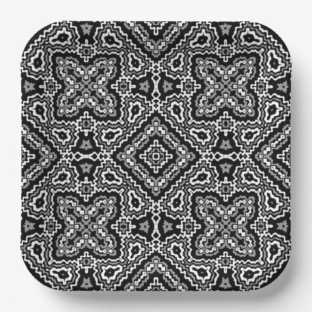  black and white geometric ethnic pattern ornament paper plate (Front)