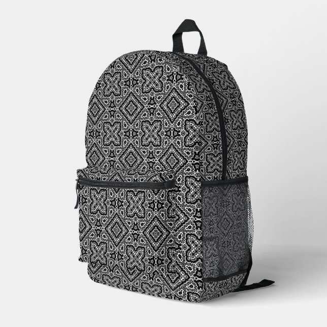  black and white geometric ethnic pattern ornament printed backpack (Back Corner Right)