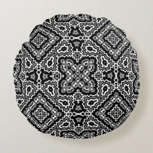 black and white geometric ethnic pattern ornament round cushion