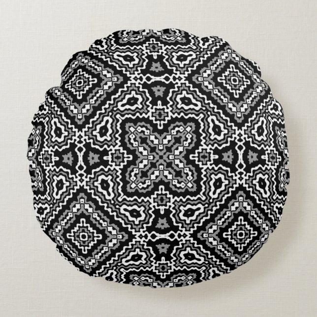  black and white geometric ethnic pattern ornament round cushion (Front)