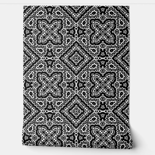  black and white geometric ethnic pattern ornament wallpaper (Unrolling)