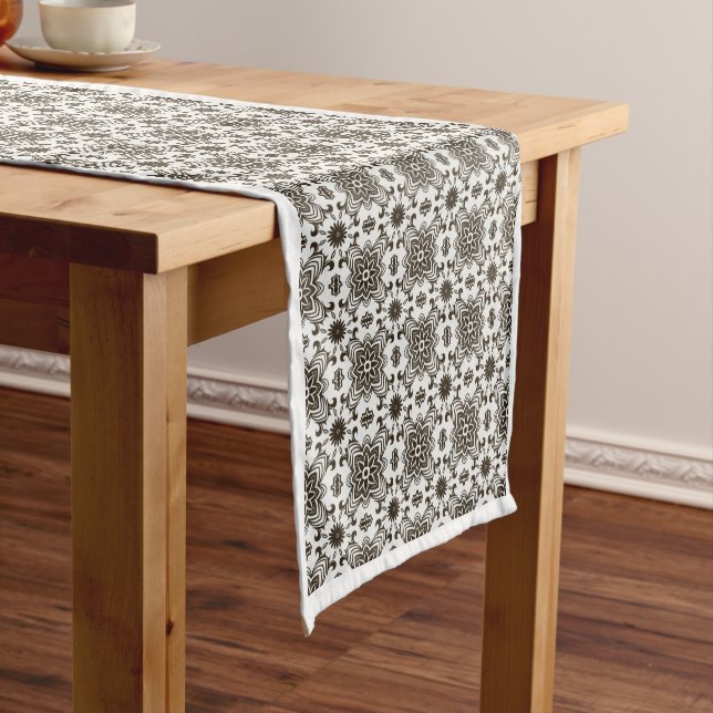 Black and White Geometric Floral Pattern Short Table Runner (In Situ)