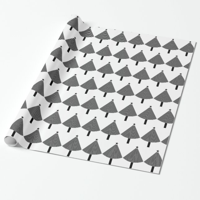 Black and White Geometric Graphic Christmas Trees Wrapping Paper (Unrolled)