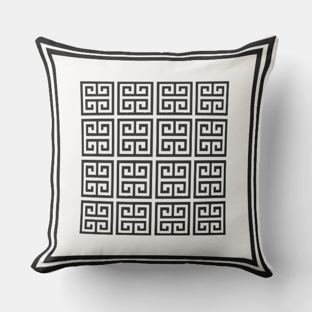 Black and white Geometric Greek key Pattern Cushion (Front)
