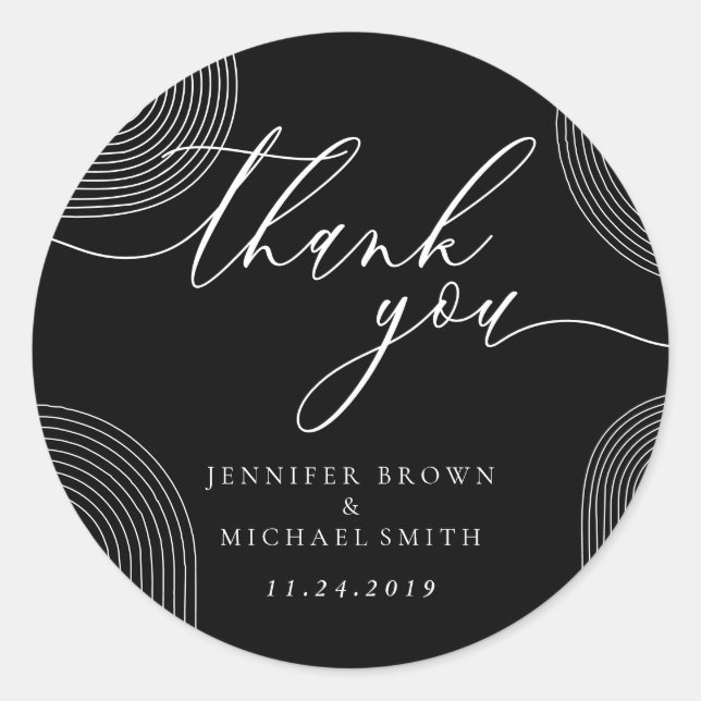Black and White Geometric Line Branding Thank You Classic Round Sticker (Front)