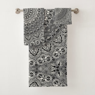 Black and White Geometric Mandala Pattern Bath Towel Set