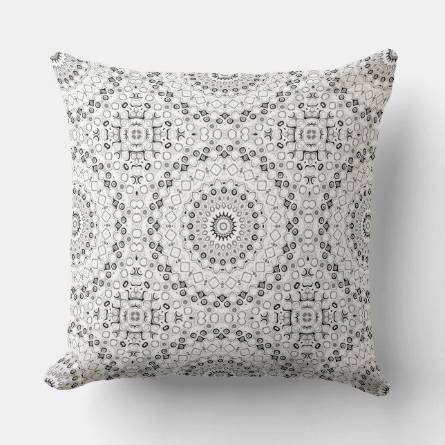 Black and White Geometric Mandala Pattern Cushion (Front)