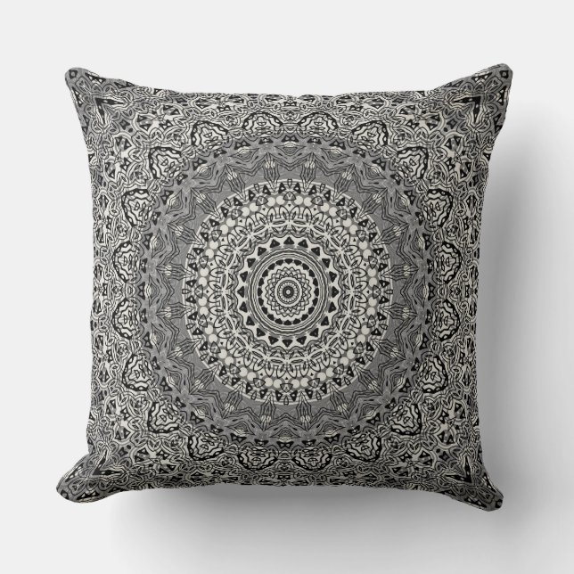 Black and White Geometric Mandala Pattern Cushion (Front)