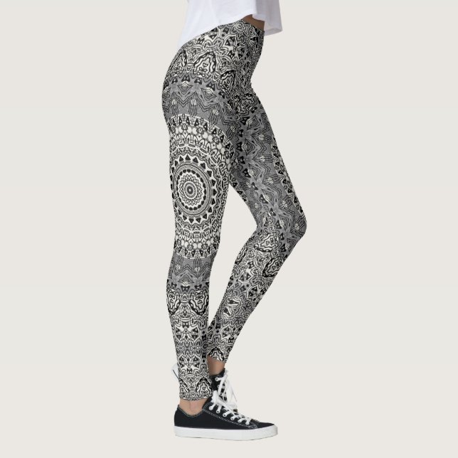 Black and White Geometric Mandala Pattern Leggings (Right)