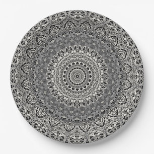 Black and White Geometric Mandala Pattern Paper Plate