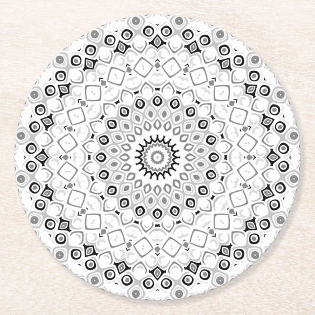 Black and White Geometric Mandala Pattern Round Paper Coaster (Front)