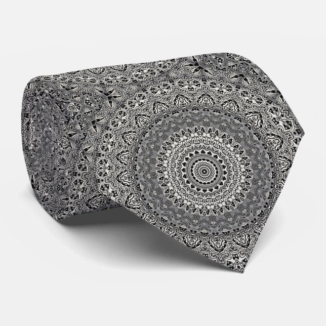 Black and White Geometric Mandala Pattern Tie (Rolled)