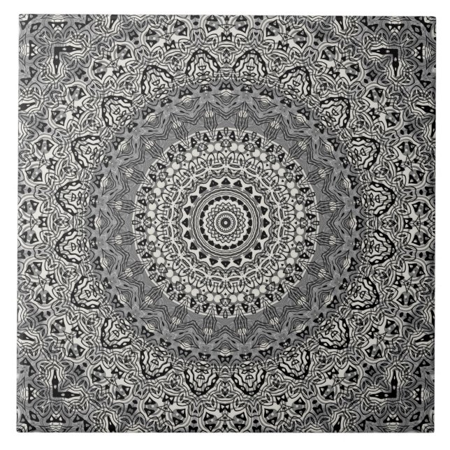 Black and White Geometric Mandala Pattern Tile (Front)