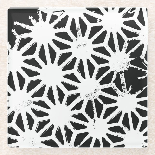Black and white geometric pattern glass coaster (Front)