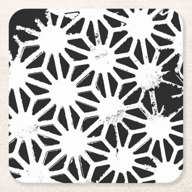 Black and white geometric pattern square paper coaster (Front)
