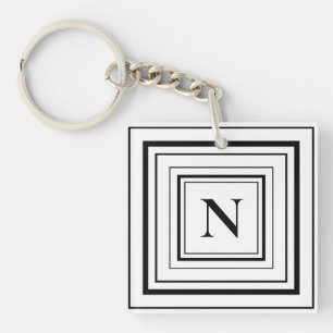 Black and White Geometric Square Monogram  Key Ring