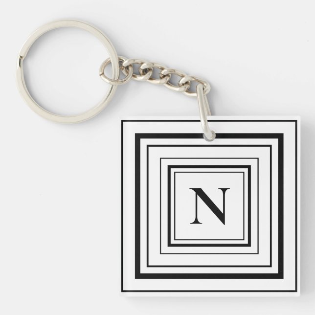 Black and White Geometric Square Monogram  Key Ring (Front)