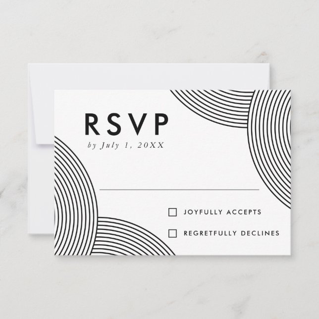 Black and White Geometric Swirl Wedding RSVP Card (Front)