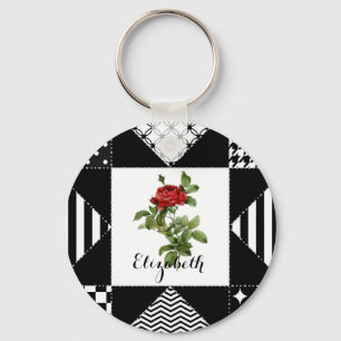 Black and White Geometric With Red Rose and Name Key Ring